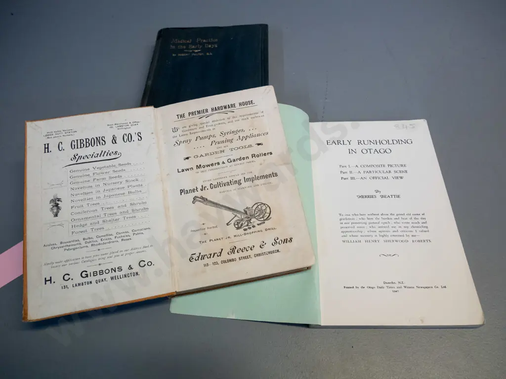 3 books - Early Medical Practice by Robert Fulton, Early Runholding in Otago by Herries Beatty, and a book on gardening Image 1++