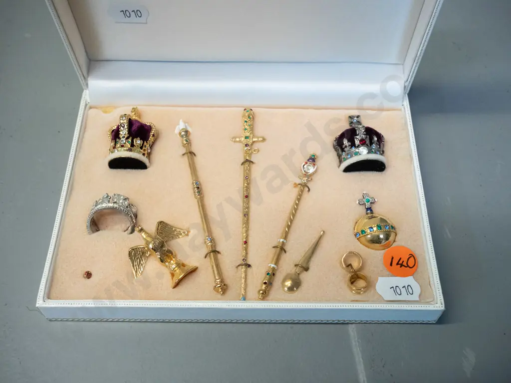 cased set of miniature replicas of the English crown jewels - case D-110 W-160 Image 1++