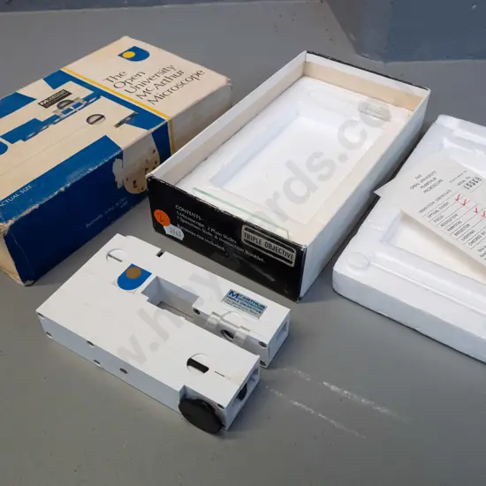 small plastic "The Open University McArthur Microscope" in original box with prepared slide, 2 blanks - some scuffing,