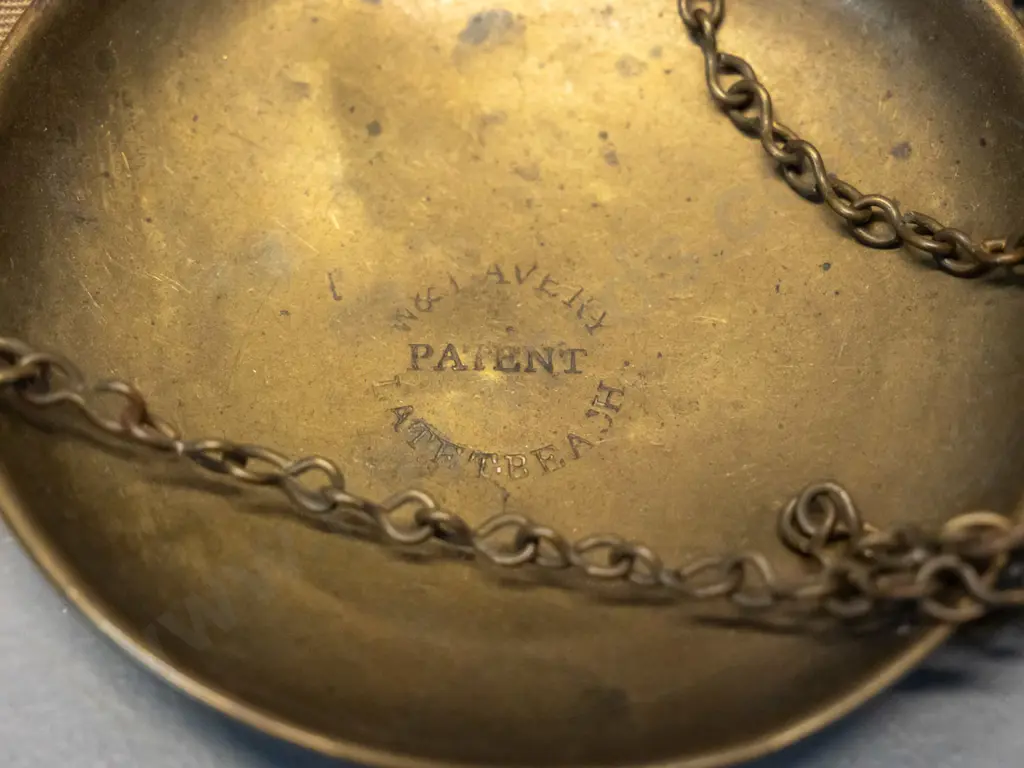 antique gold scales with assorted weights in canvas bag - marked "W & T Avery Late T. Beach" Pans are D-85 Image 1++