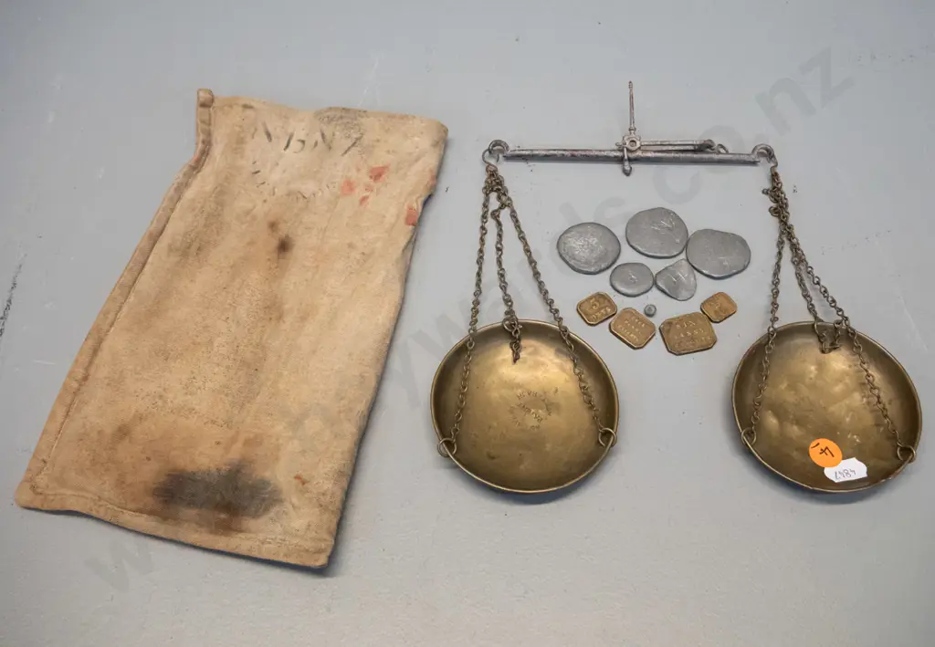antique gold scales with assorted weights in canvas bag - marked "W & T Avery Late T. Beach" Pans are D-85 Image 1++