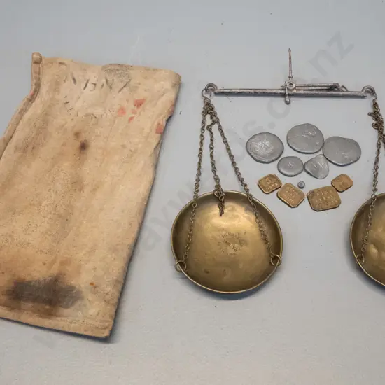 antique gold scales with assorted weights in canvas bag - marked "W & T Avery Late T. Beach" Pans are D-85