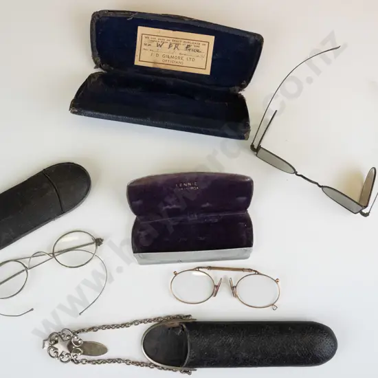 3 pairs of cased old spectacles & hanging spectacle case