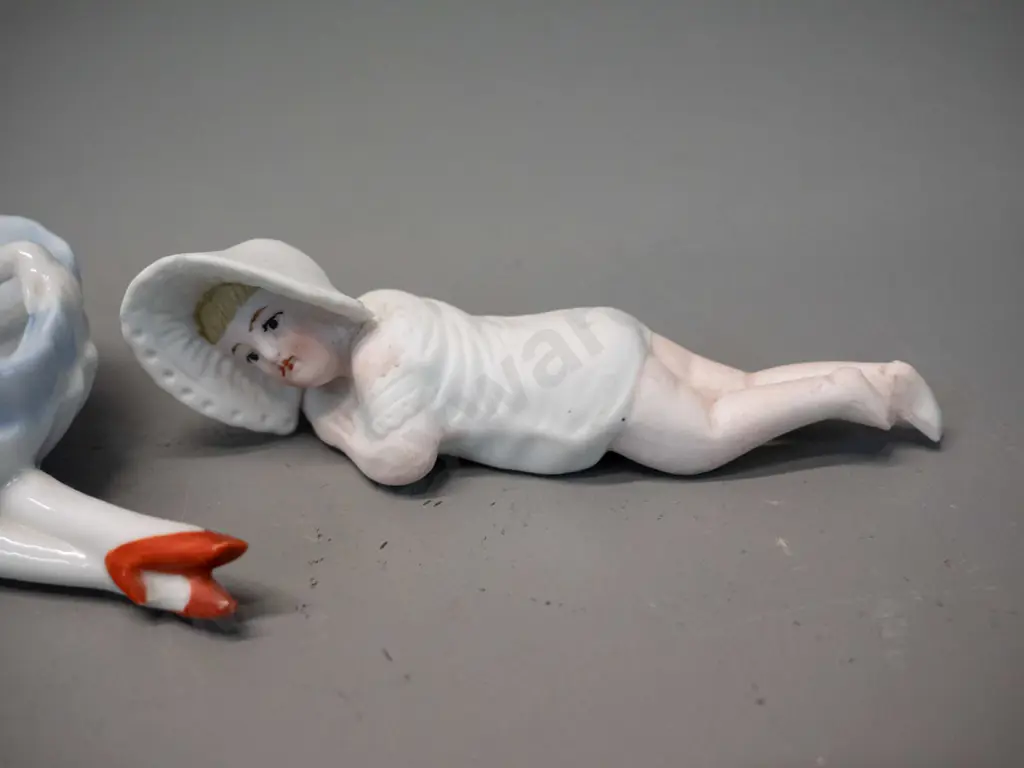 3 small vintage porcelain ornaments - "flapper" trinket dish H-70 L-110, china kewpie doll with moving arms, and a Image 1++