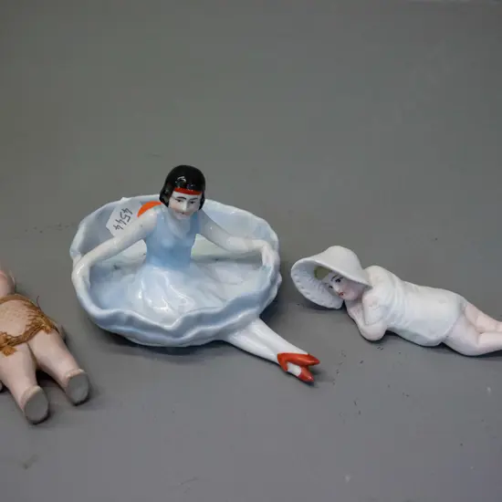 3 small vintage porcelain ornaments - "flapper" trinket dish H-70 L-110, china kewpie doll with moving arms, and a
