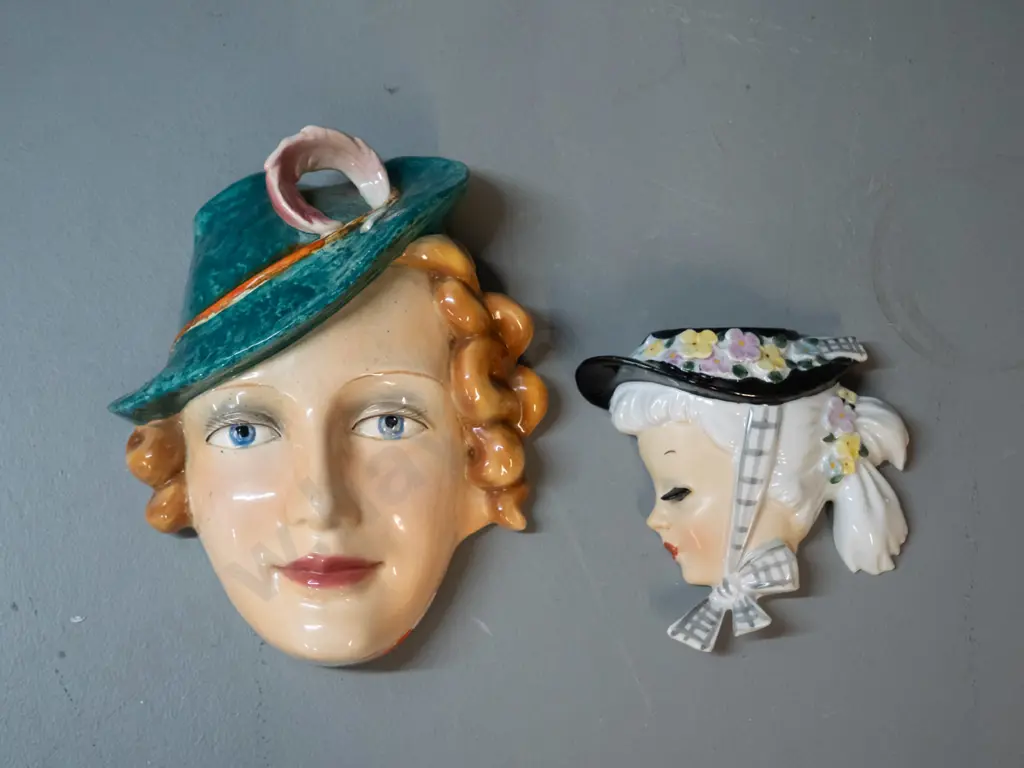 2 wall hanging china items - retro pocket vase and a deco style woman's head marked FX on back H-180 W-150 Image 1++