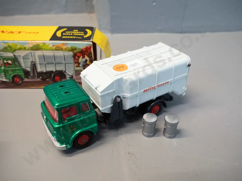 retro die-cast vehicles - Dinky Toys Refuse Wagon with 2 plastic trash cans, missing piece from top of cab, and Corgi Image 1++