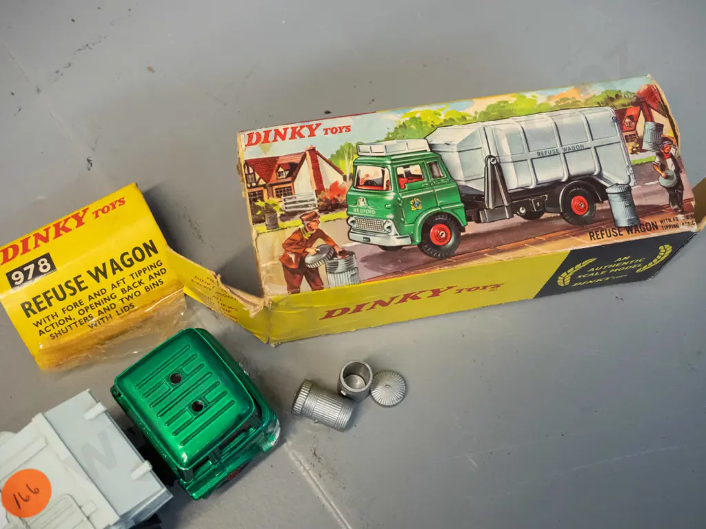 retro die-cast vehicles - Dinky Toys Refuse Wagon with 2 plastic trash cans, missing piece from top of cab, and Corgi Image 1++
