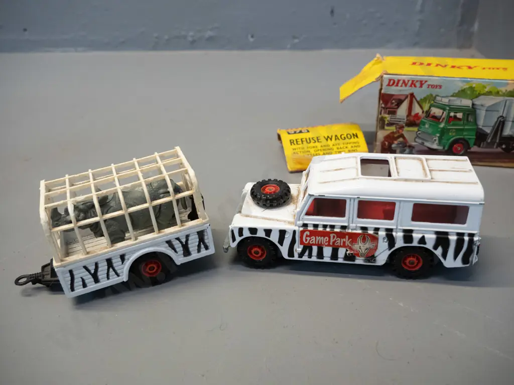 retro die-cast vehicles - Dinky Toys Refuse Wagon with 2 plastic trash cans, missing piece from top of cab, and Corgi Image 1++