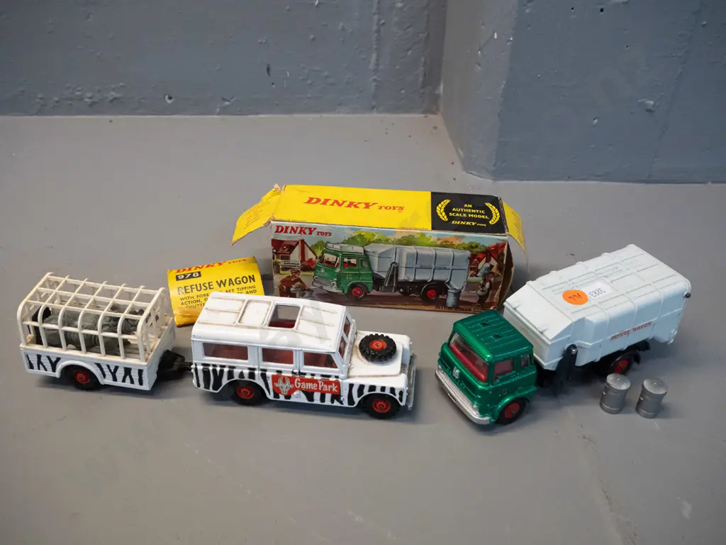 retro die-cast vehicles - Dinky Toys Refuse Wagon with 2 plastic trash cans, missing piece from top of cab, and Corgi Image 1++