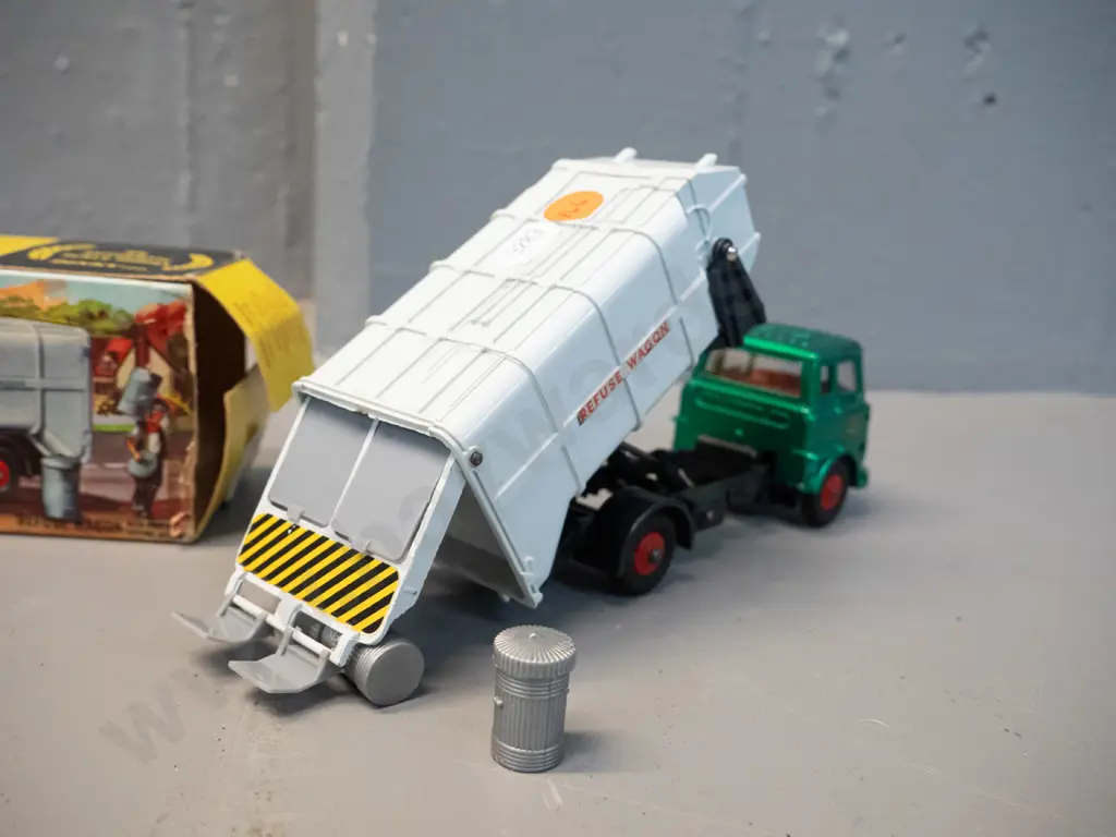 retro die-cast vehicles - Dinky Toys Refuse Wagon with 2 plastic trash cans, missing piece from top of cab, and Corgi Image 1++