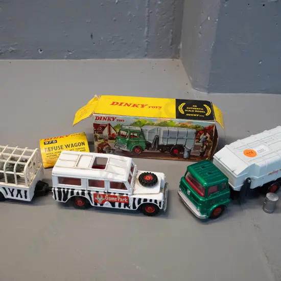 retro die-cast vehicles - Dinky Toys Refuse Wagon with 2 plastic trash cans, missing piece from top of cab, and Corgi