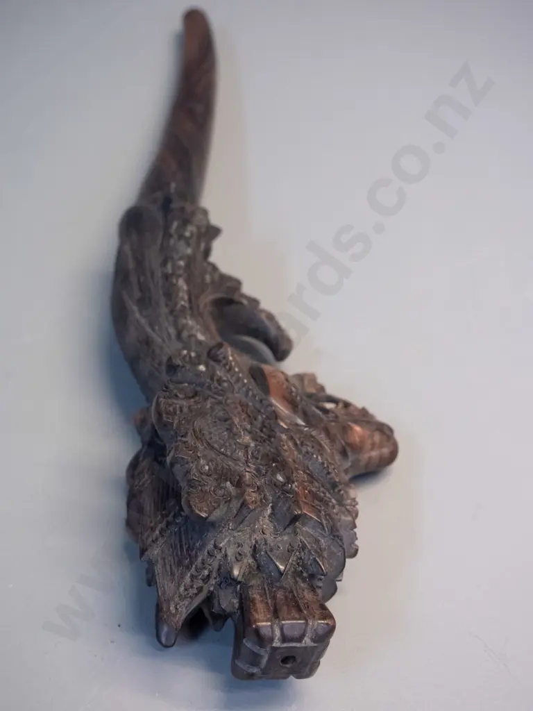 carved timber (or faux-carved timber composite) asian dragon head wand or ornament L-420 Image 1++
