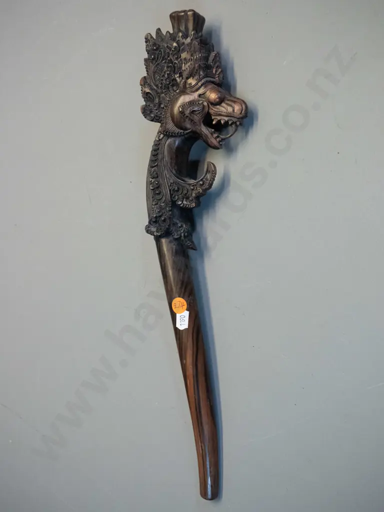 carved timber (or faux-carved timber composite) asian dragon head wand or ornament L-420 Image 1++