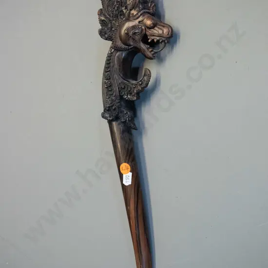 carved timber (or faux-carved timber composite) asian dragon head wand or ornament L-420