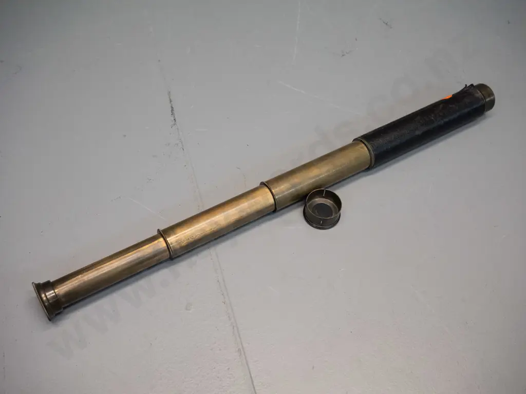vintage brass telescope with leather covering, slip on lens cover, marked "Cub" 18x Enbeeco London. L-175 closed, L-435 Image 1++