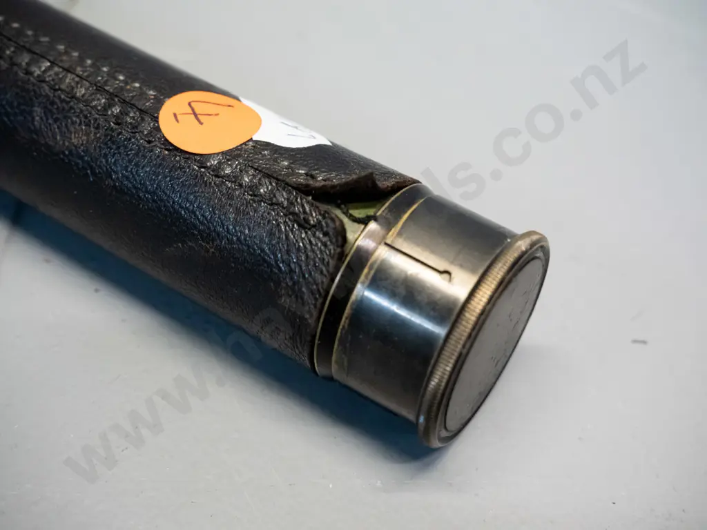 vintage brass telescope with leather covering, slip on lens cover, marked "Cub" 18x Enbeeco London. L-175 closed, L-435 Image 1++