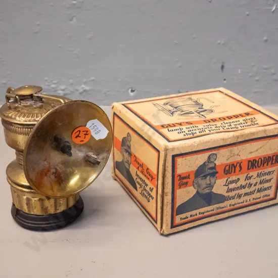 brass miner's lamp - Guy's "Dropper" in original box - Universal Lamps, Springfield Ill. USA. Has had repair,