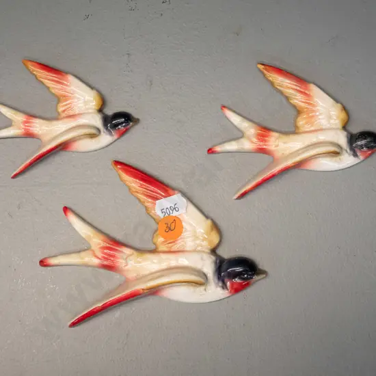set of 3 small flying swallow wall ornaments, no maker's marks. Largest is H-90 L-120
