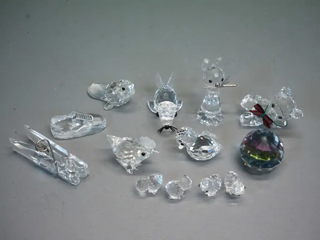 assorted small Swarovski crystal ornaments - teddy bear, cat, walrus, graduated set of chickens, unbranded clothes peg, Image 1++