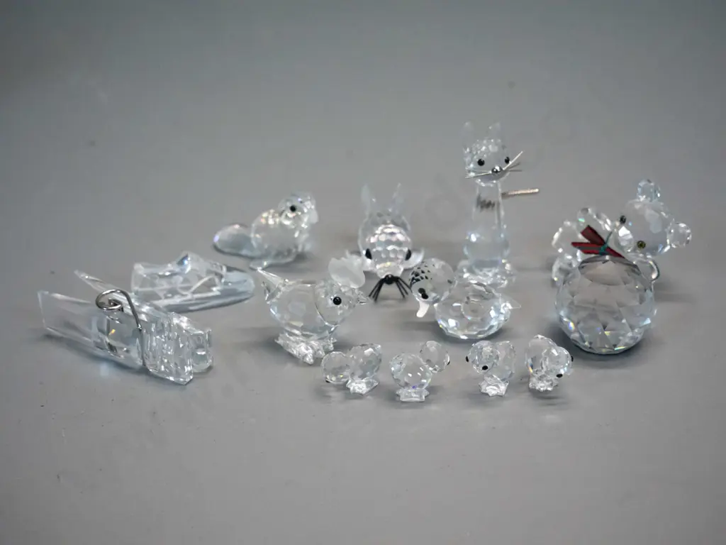 assorted small Swarovski crystal ornaments - teddy bear, cat, walrus, graduated set of chickens, unbranded clothes peg, Image 1++