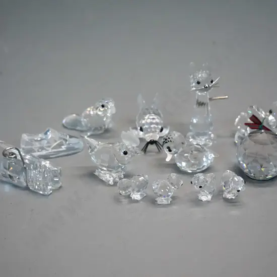 assorted small Swarovski crystal ornaments - teddy bear, cat, walrus, graduated set of chickens, unbranded clothes peg,