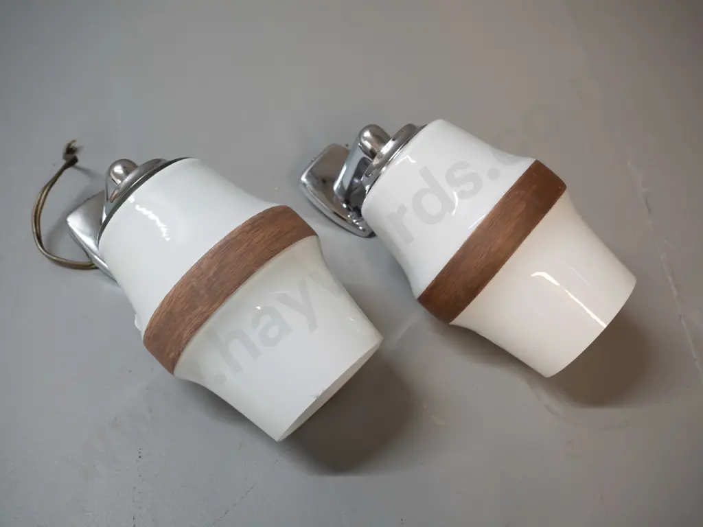 pair of retro wall sconce light fittings - milk glass with faux wood band and chrome brackets. Small chips to rim of one Image 1++
