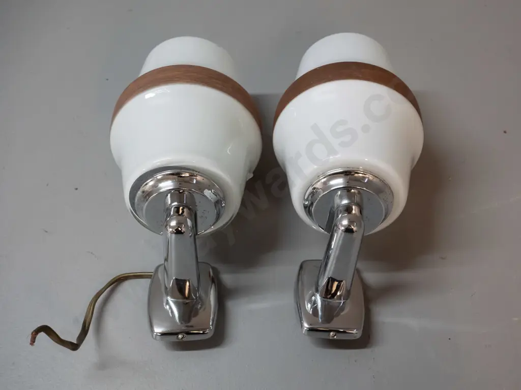 pair of retro wall sconce light fittings - milk glass with faux wood band and chrome brackets. Small chips to rim of one Image 1++