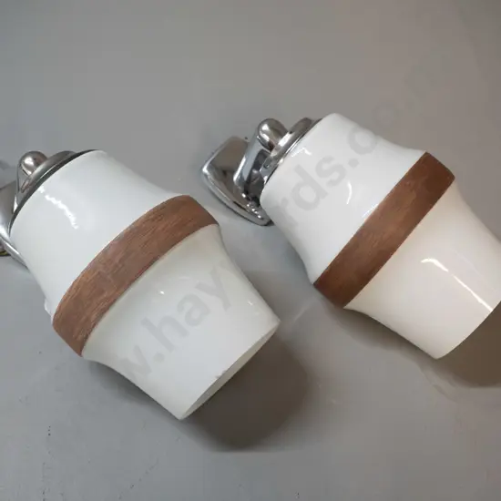 pair of retro wall sconce light fittings - milk glass with faux wood band and chrome brackets. Small chips to rim of one