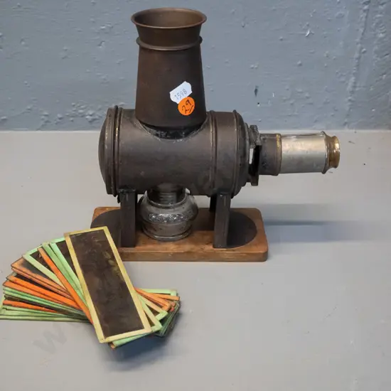 vintage small lantern projector with assorted small lantern slides, fitted with kerosene lantern & chimney - age wear