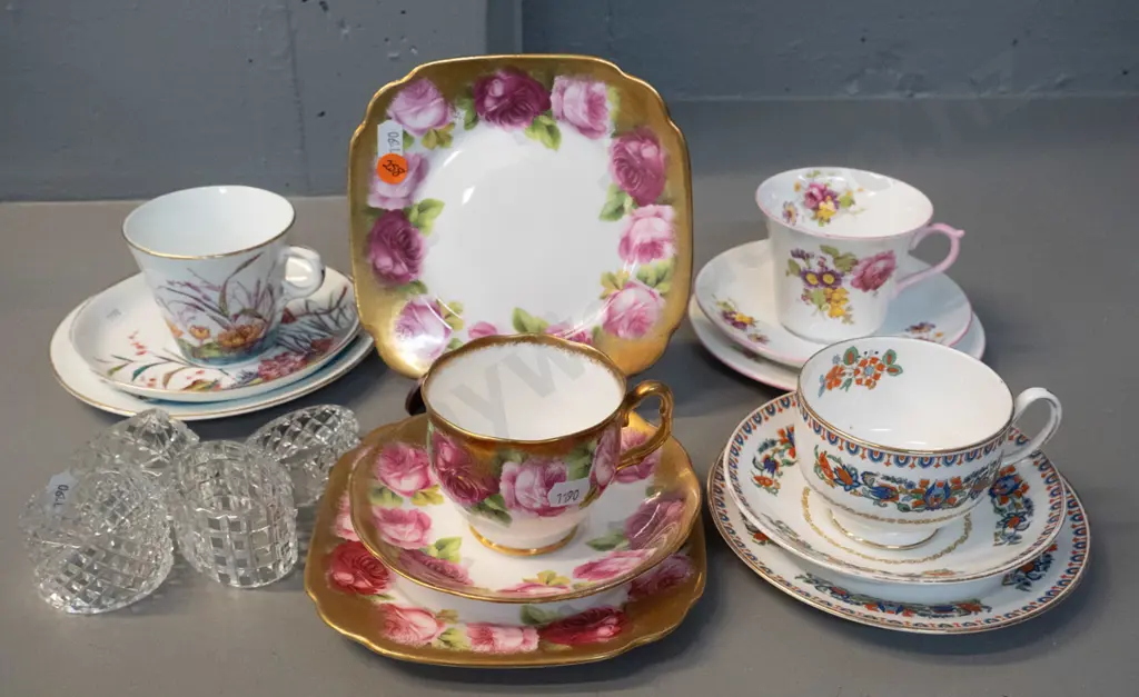 4 china trios - Royal Albert, Shelley, etc. - spare Royal Albert plate and 4 crystal napkin rings Image 1++