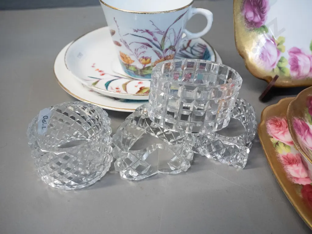 4 china trios - Royal Albert, Shelley, etc. - spare Royal Albert plate and 4 crystal napkin rings Image 1++