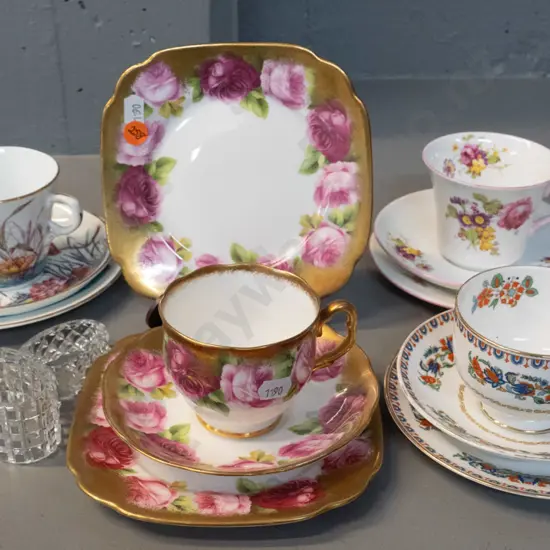 4 china trios - Royal Albert, Shelley, etc. - spare Royal Albert plate and 4 crystal napkin rings