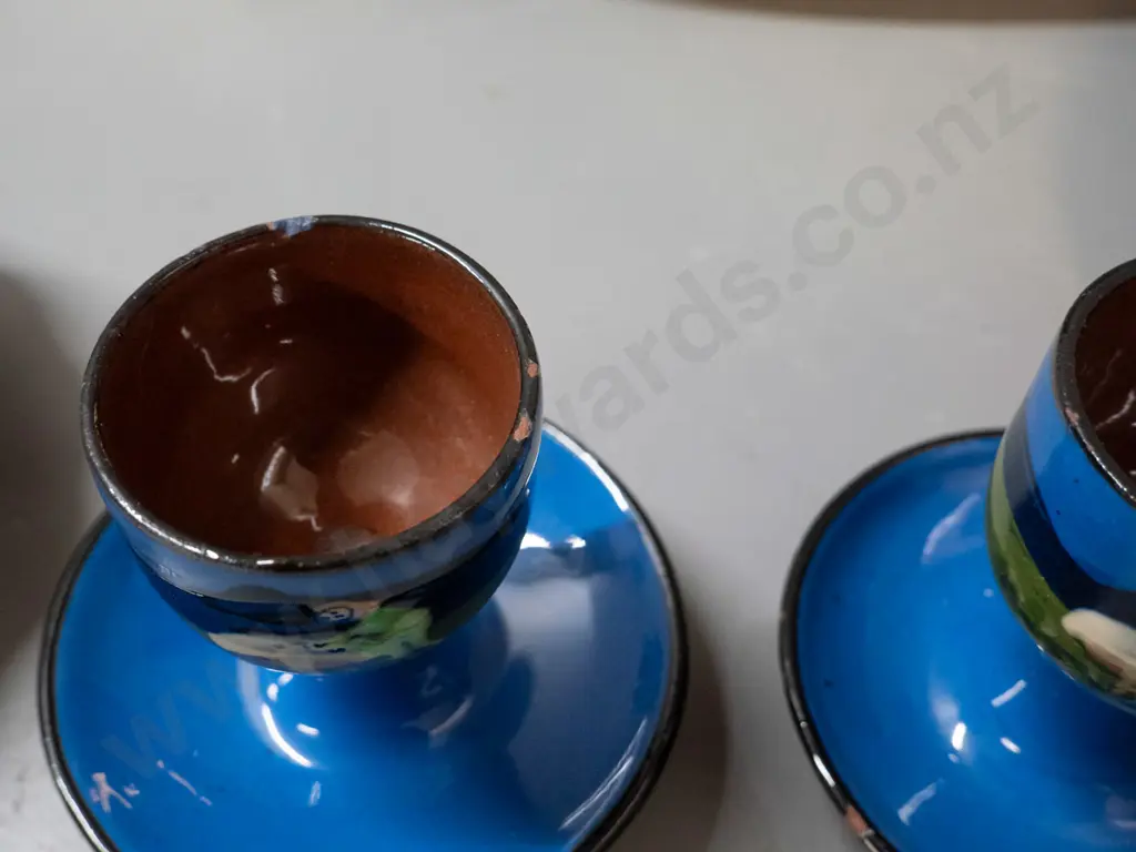 assorted blue glaze kingfisher pattern Torquay ware - 2 bowls, 2 egg cups, 2 dishes - small chips to rim of egg cups. Image 1++