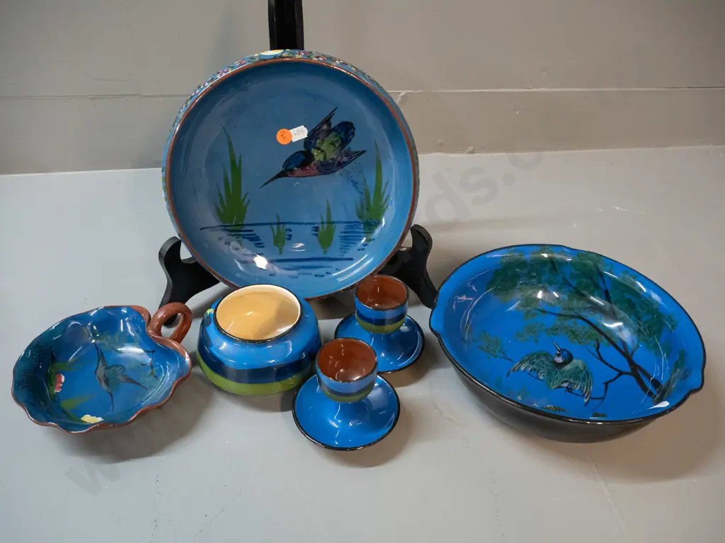 assorted blue glaze kingfisher pattern Torquay ware - 2 bowls, 2 egg cups, 2 dishes - small chips to rim of egg cups. Image 1++