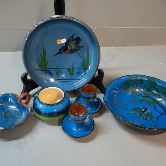 assorted blue glaze kingfisher pattern Torquay ware - 2 bowls, 2 egg cups, 2 dishes - small chips to rim of egg cups.