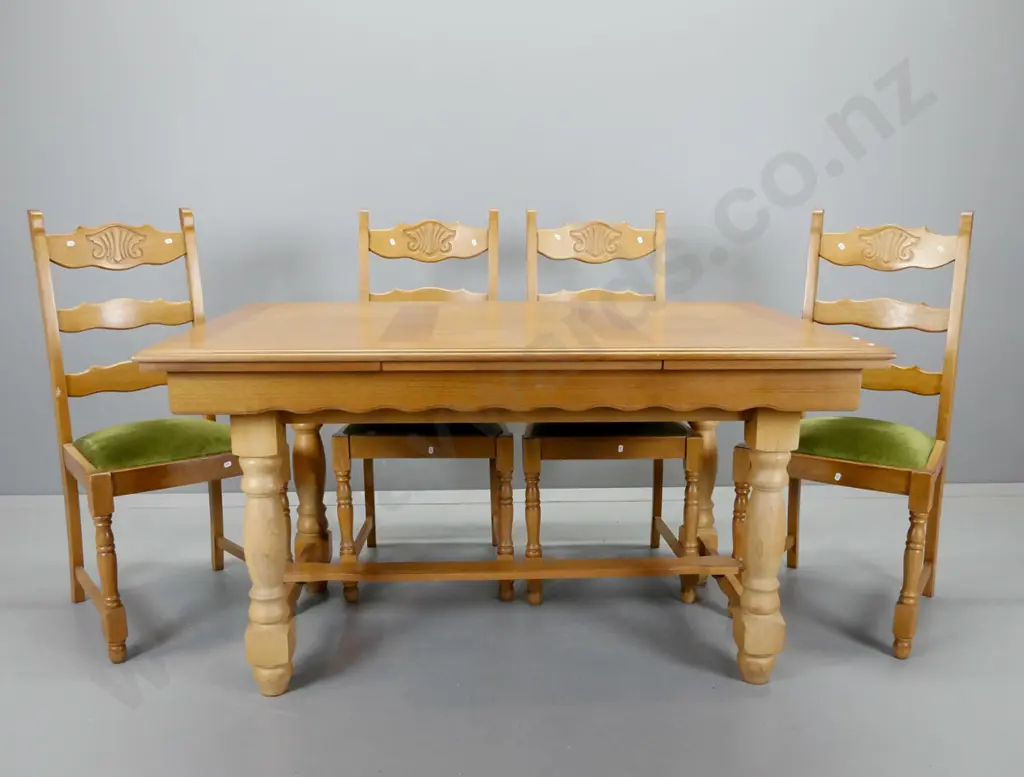 oak double draw-leaf dining table and 4 ladderback chairs with carved top rails, table and chairs w/turned legs and Image 1++