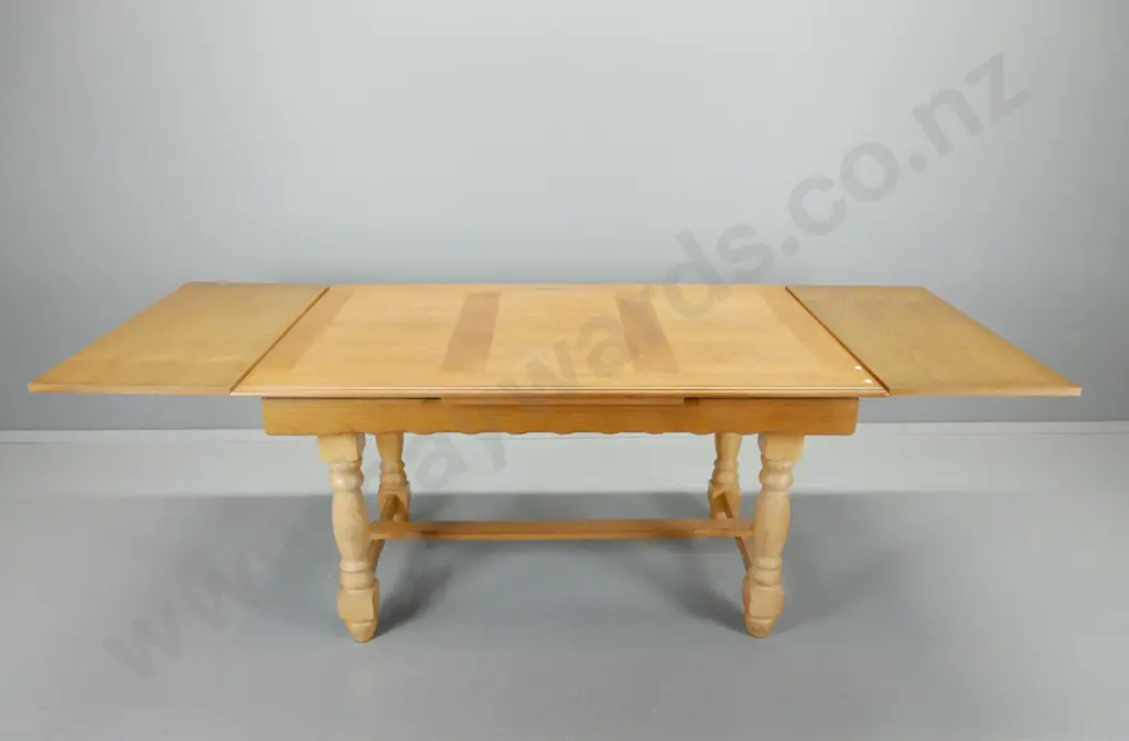 oak double draw-leaf dining table and 4 ladderback chairs with carved top rails, table and chairs w/turned legs and Image 1++