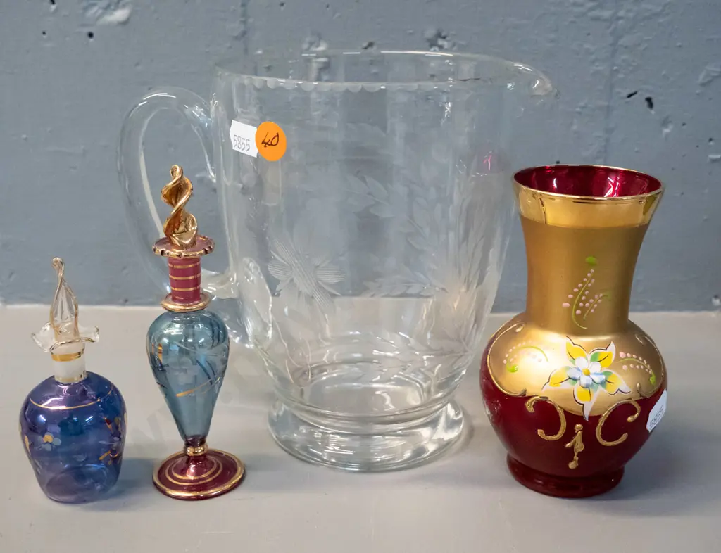 4 glass items - Venetian style vase and 2 scent bottles, and a clear glass etched motif jug H-160 Image 1++