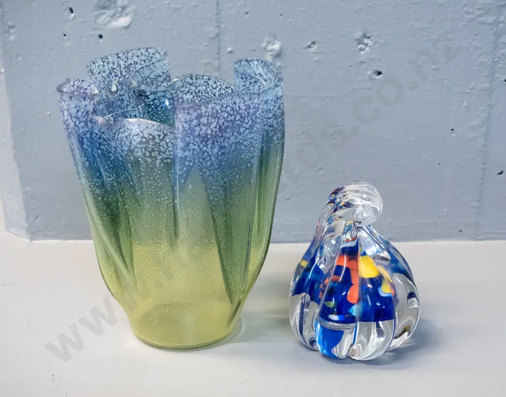 art glass green and blue mottled handkerchief style vase H-160 D-130 and a clear and coloured droplet shape paperweight Image 1++