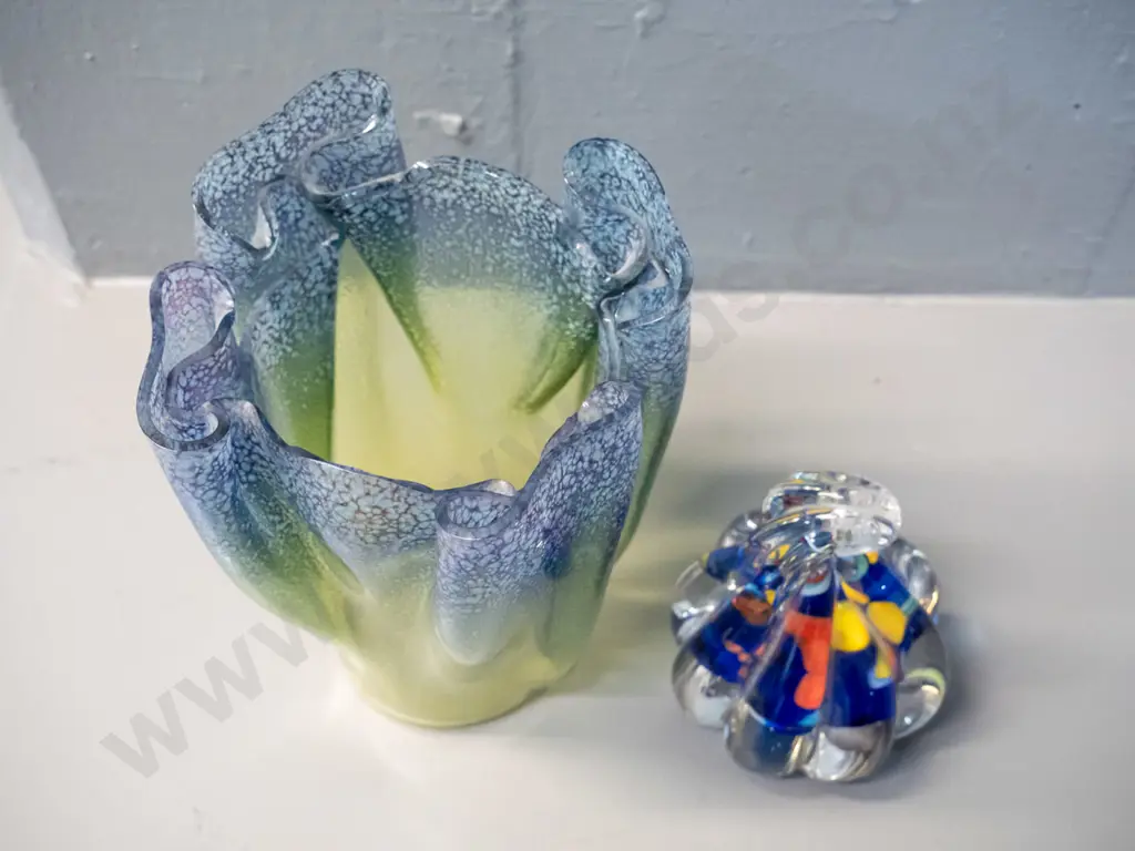 art glass green and blue mottled handkerchief style vase H-160 D-130 and a clear and coloured droplet shape paperweight Image 1++