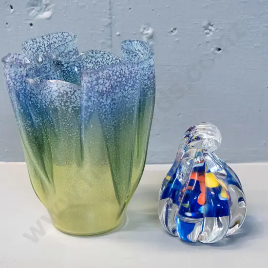 art glass green and blue mottled handkerchief style vase H-160 D-130 and a clear and coloured droplet shape paperweight