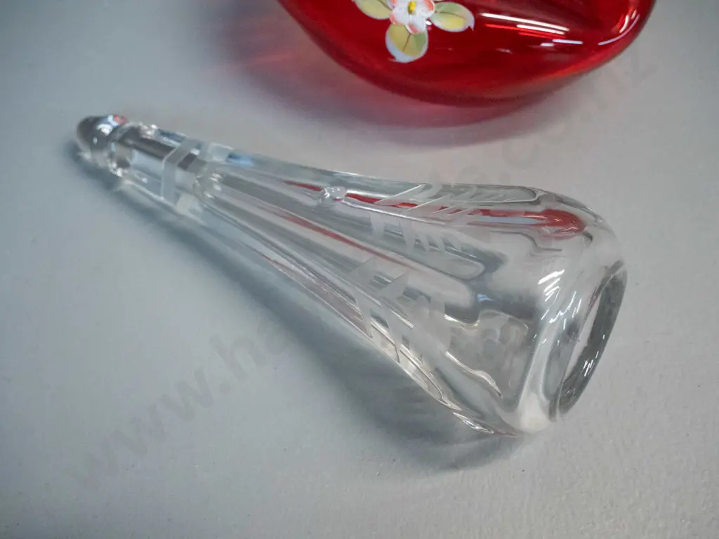vintage etched glass car vase H-170 and a red Venetian glass dish or ashtray Image 1++