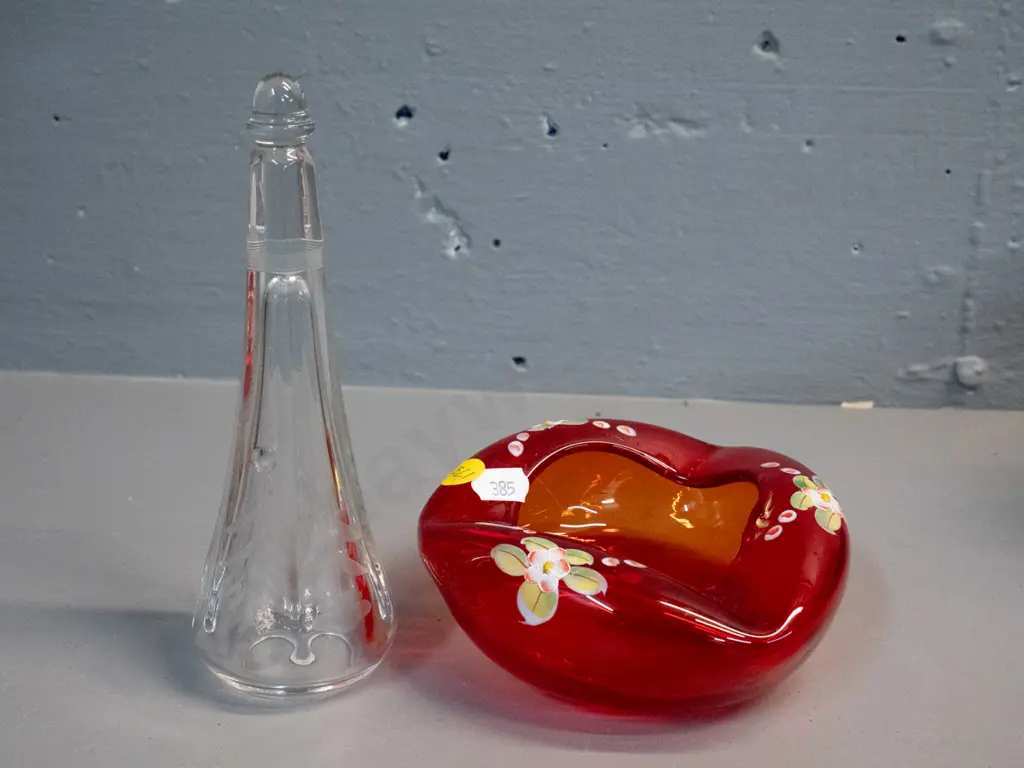 vintage etched glass car vase H-170 and a red Venetian glass dish or ashtray Image 1++