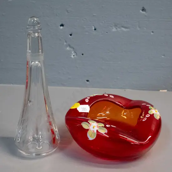 vintage etched glass car vase H-170 and a red Venetian glass dish or ashtray
