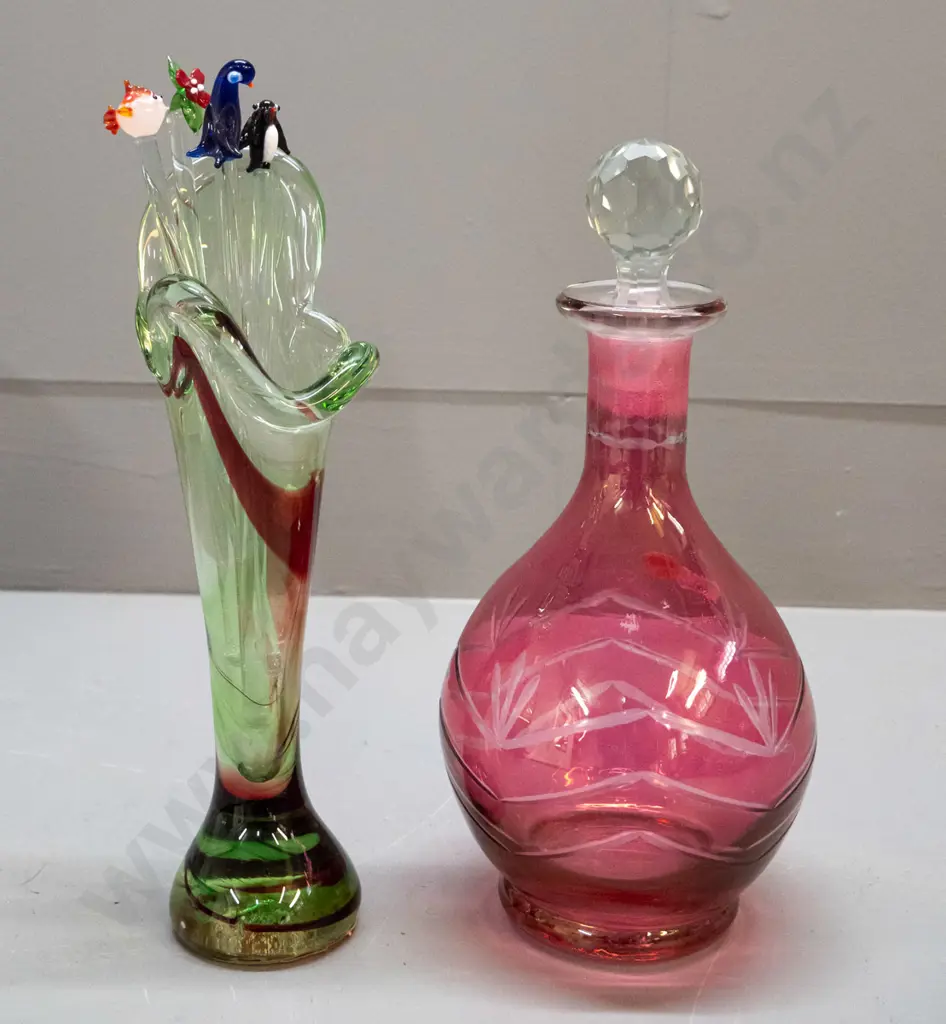 art glass vase H270, ruby & clear stoppered decanter, and 4 animal or flower themed glass swizzle sticks Image 1++