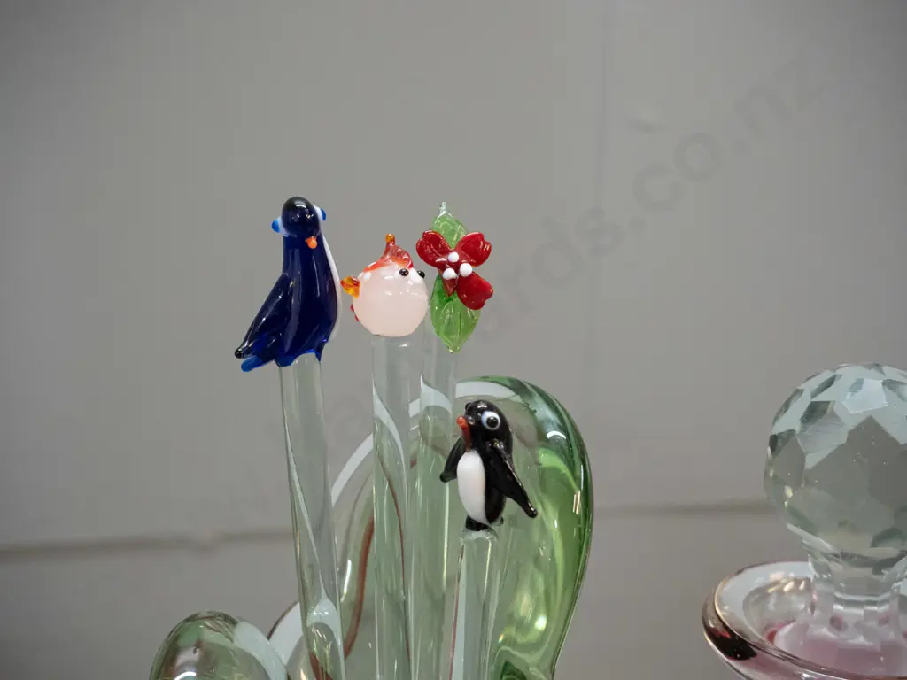art glass vase H270, ruby & clear stoppered decanter, and 4 animal or flower themed glass swizzle sticks Image 1++