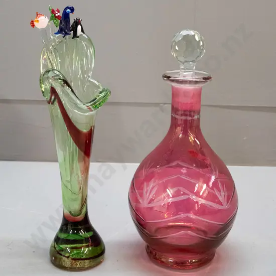 art glass vase H270, ruby & clear stoppered decanter, and 4 animal or flower themed glass swizzle sticks