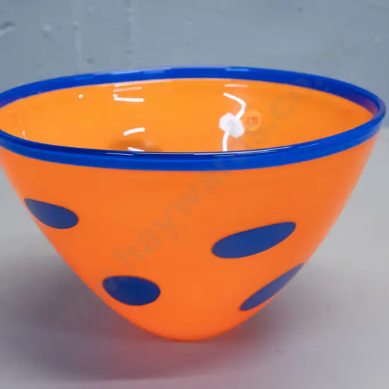 art glass bowl - orange with blue spots H-140 D-220