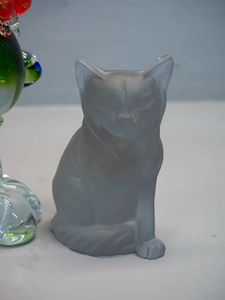 3 glass items - rooster, millefiore paperweight with Murano label, and a frosted cat figure with Cesare Toso label, has Image 1++